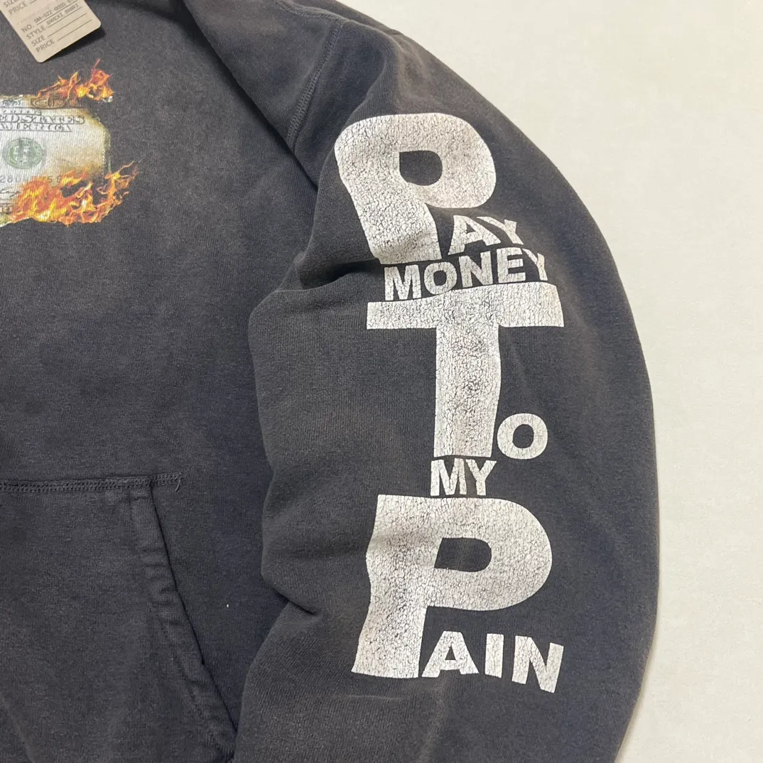 SAINT Mxxxxxx × PAY MONEY TO MY PAIN PTP_HOODIE/BRAND MONEY/BLK Co-branded PTP Virgin Mary dollar hoodie Washed black S-XL Assute dyeing The whole piece is sprayed with horse fade Mold customization joint main mark/washed mark Factory four-needle and six-thread workmanship No bone seams More comfortable to wear Repeated modification of proofing Authentic grade crack printing VINTAGE value is full